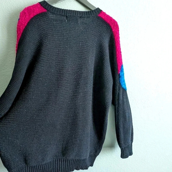 Vintage 80s Acrylic Pullover Sweater- Black Magenta Blue-Embellished Beaded Knit - Picture 4 of 12
